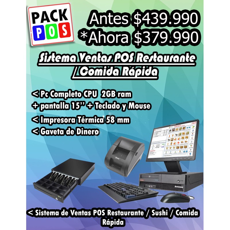Pack resto1 Pc 2GB ram +Pantalla 15'' impresora  58mm