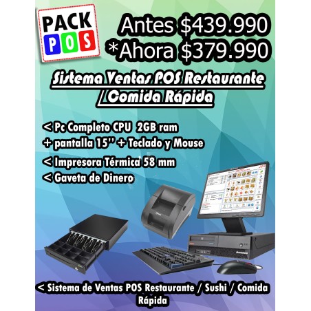 Pack resto1 Pc 2GB ram +Pantalla 15'' impresora 58mm